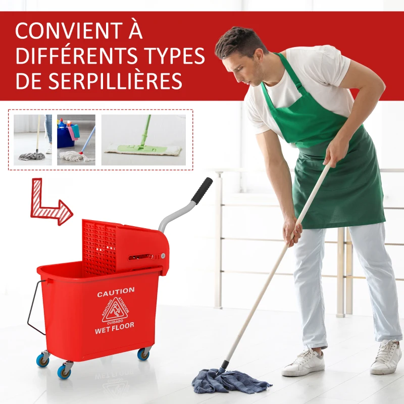 HOMCOM Chariot de nettoyage lavage seau de ménage 20 L avec essoreur et séparateur eau sale propre rouge 60L x 27l x 70,5H cm