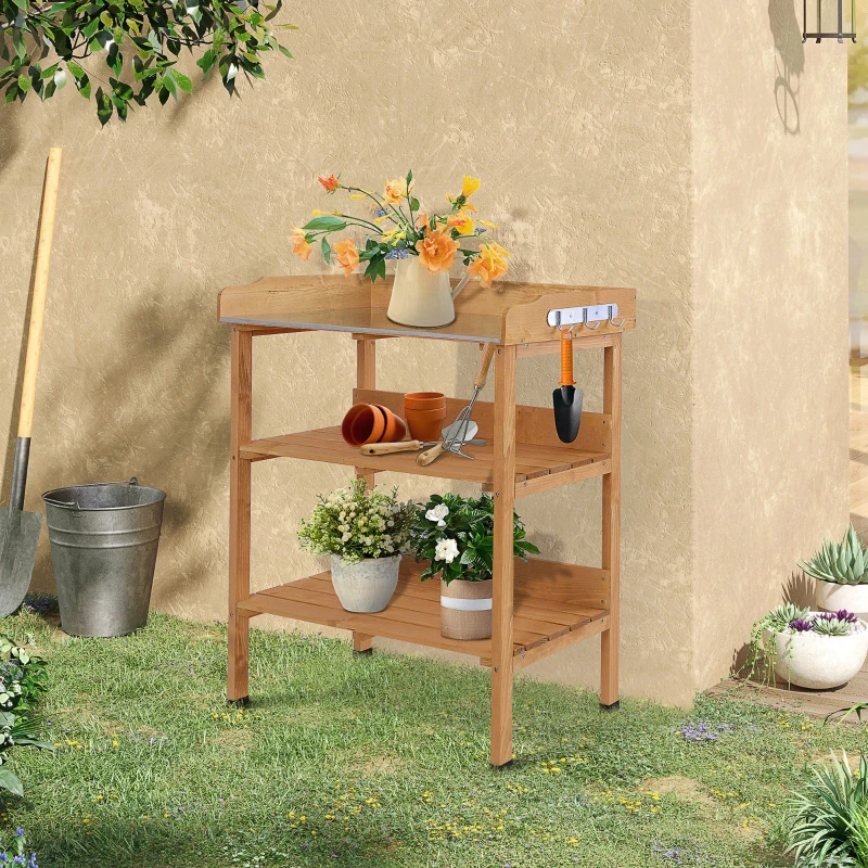 Outsunny Table de rempotage avec 2 étagères 3 crochets outils table de jardinage plateau tôle acier galvanisé avec rebord - table de plantation bois sapin pré-huilé
