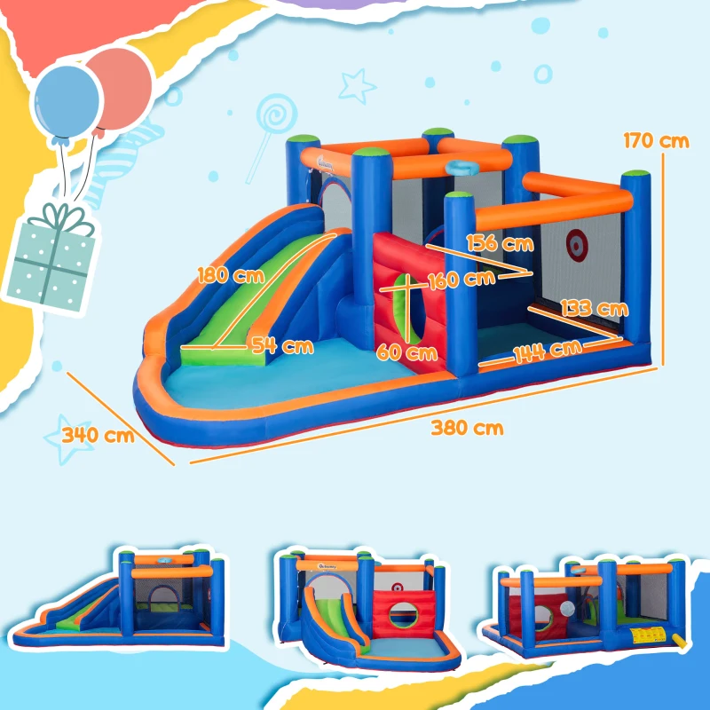 Outsunny Castello Gonfiabile per Bambini 3-8 Anni con Scivolo, Trampolino e Piscina, 380x340x170cm