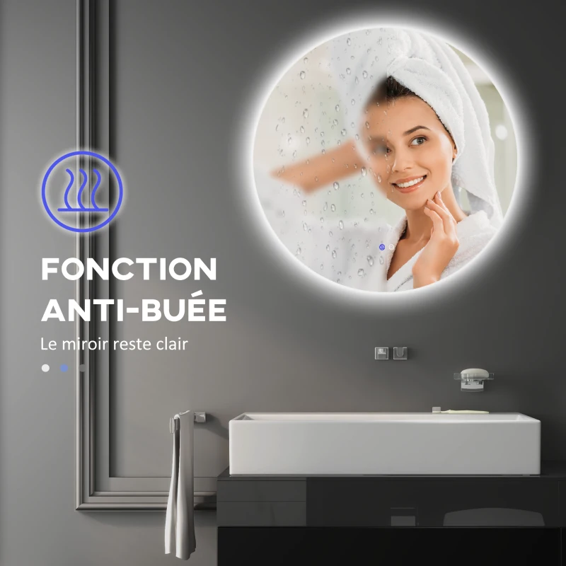 kleankin Miroir rond lumineux LED de salle de bain Ø 80 cm mural avec éclairage interrupteur tactile système antibuée