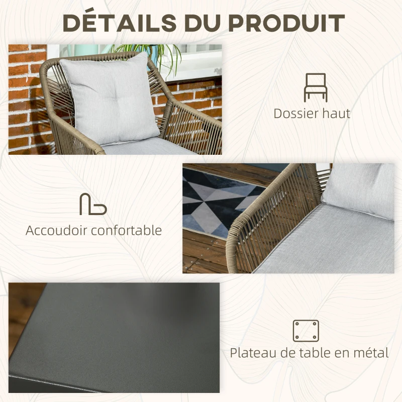 Outsunny Ensemble salon de jardin 3 pièces 2 chaises + table basse polyester résine tressée PE acier gris