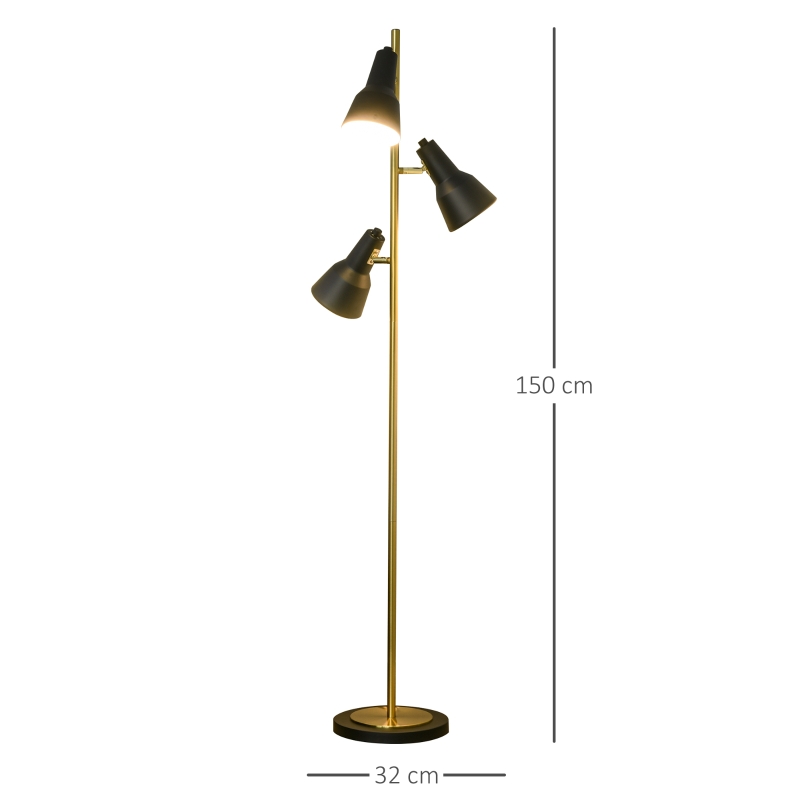 HOMCOM 150cm Lampada a Piantana da Terra con 3 Paralumi Regolabili, Base Rotonda, Interruttore a Pedale, in Metallo, Bronzo, 32x32x150cm