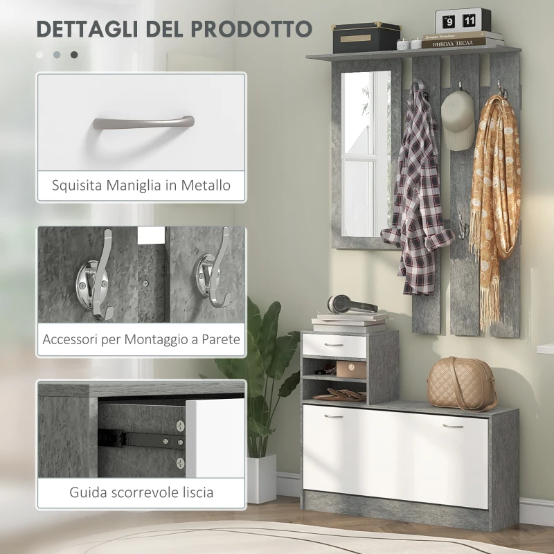HOMCOM Set Mobile da Ingresso con Appendiabiti a 6 Ganci, Mobile Scarpiera con Cassetto e Specchio, Grigio