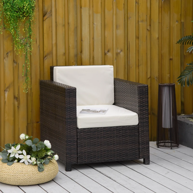 Outsunny Single Seater Rattan Chair, PE Wicker Garden Armchair with 10 cm Thickened Cushion, All-Weather Rattan Garden Chair with Armrests, Brown