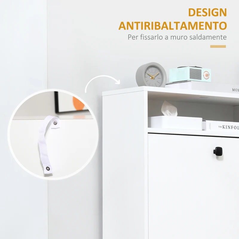 HOMCOM Scarpiera 3 Scompartimenti a Ribalta(18 Paia di Scarpe) e 1 Ripiano Portaoggetti Legno Truciolato Bianco 60×24×132cm