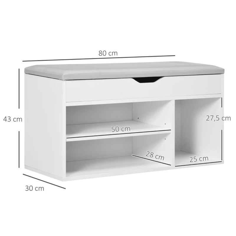 HOMCOM Meuble Chaussures Banc à Chaussures 2 Niveaux Rangement, Niche + Coffre intégré avec Coussin Blanc