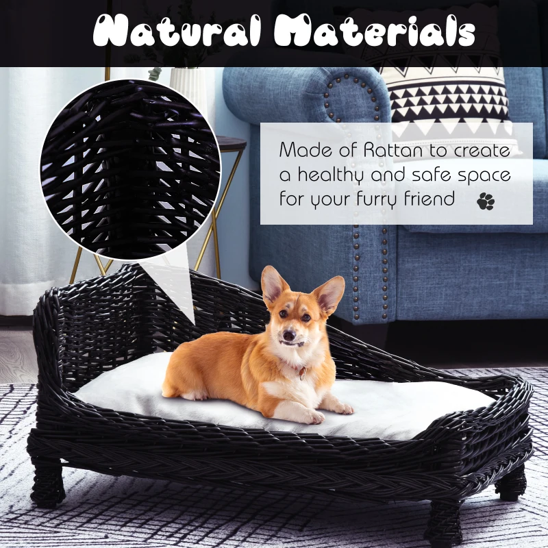 Pawhut Wicker Dog Cat Bed Kitten Lounger  Pet Bed Rattan Willow Basket Soft Cushion Lightweight 69 x 42 x 33 cm Black