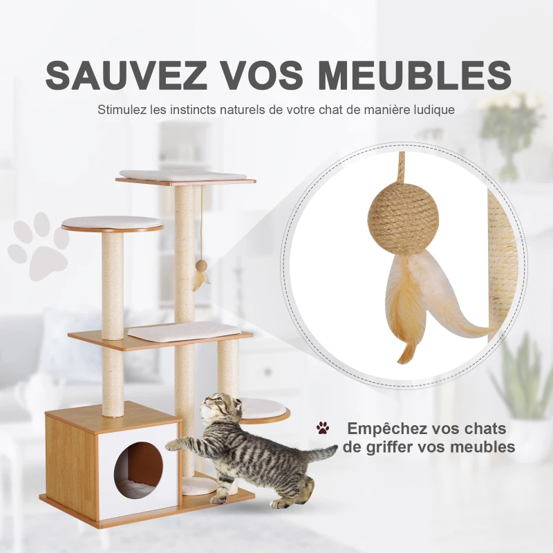 PawHut Arbre à chats design contemporain griffoirs grattoirs sisal naturel centre d'activités niche plate-formes jeu boule suspendue 83L x 75l x 120H cm MDF hêtre clair