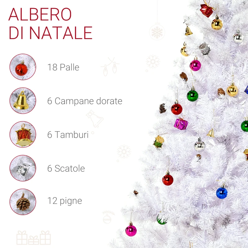 HOMCOM Albero di Natale Bianco 150cm con Addobbi e 680 Rami, Albero di Natale Innevato Artificiale in PVC