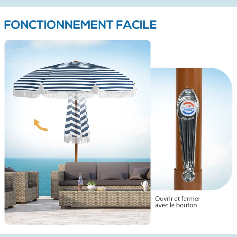 Outsunny Parasol inclinable rond Ø 213 cm avec franges polyester haute densité anti-UV mât démontable, vintage bleu et blanc