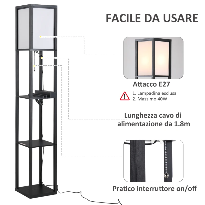 HOMCOM Lampada da Terra Moderna, Lampadina Illuminazione Interna Salvaspazio con Ripiani da Soggiorno Cotone, MDF 26 x 26 x 160 cm Nero e Bianco