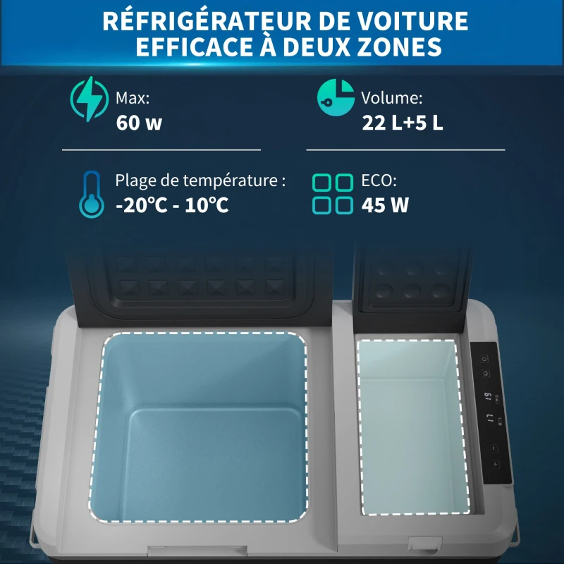 Outsunny Glacière électrique portable congélateur et réfrigérateur avec 2 zones 27 L, 12/24 V DC et 100-240V AC, jusqu'à -20°C