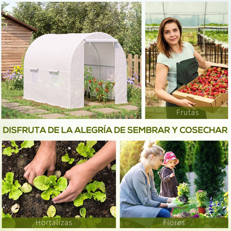 Outsunny Invernadero de Túnel con Puerta Enrollable y 4 Ventanas para Cultivo Plantas Verduras 245x200x200 cm Blanco