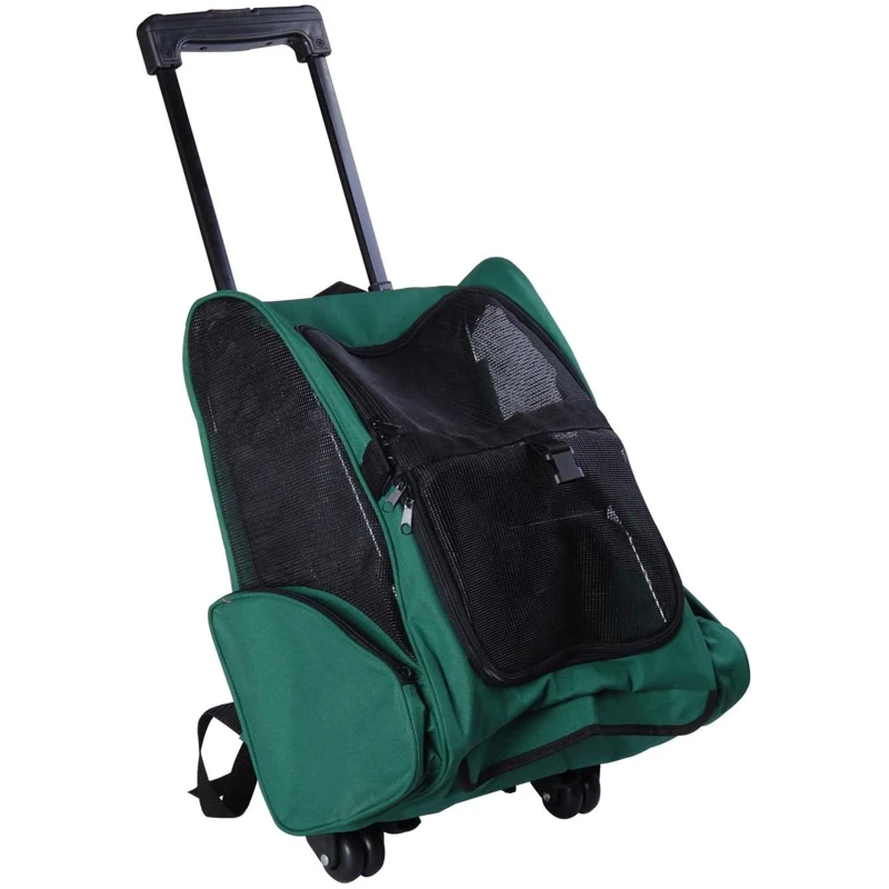 PawHut Trasportino Zaino 2 in 1 per Cani e Gatti con Tasche Laterali, Maniglia Telescopica e Ruote, 42x25x55cm, Verde