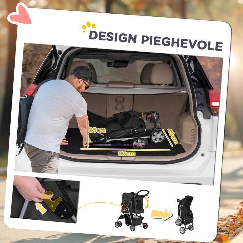 PawHut Passeggino per Cani Pieghevole con Cestino e Portabicchiere, Peso Max. 10 kg, 75x45x97cm, Nero
