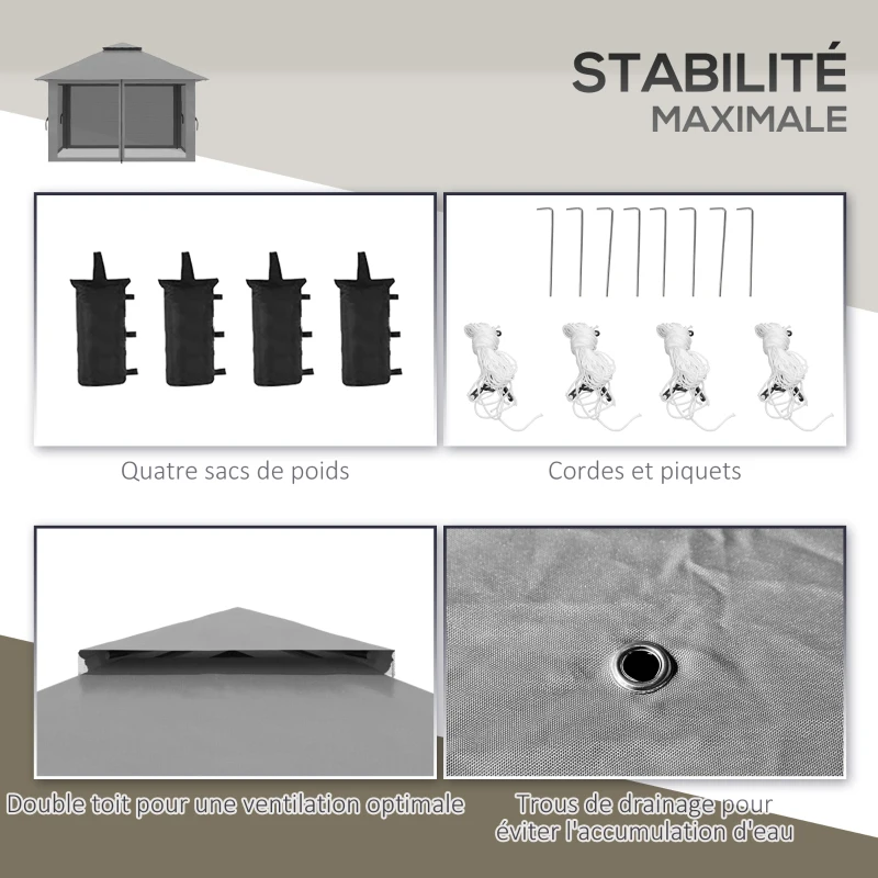 Outsunny Tonnelle barnum de jardin pop-up pliant double toit protection UV 50+ avec 4 moustiquaires zippées 4 x 4 m gris
