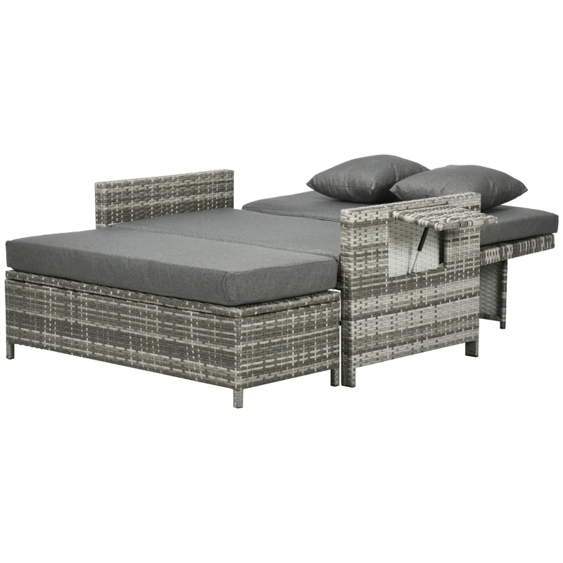 Outsunny Rattan Garden Daybed, Assembled Double Sun Lounger with 5-Level Adjustable Back, Storage Ottoman, Cushions, Pillows and Retractable Trays, Outdoor Loveseat Sofa Bed for Patio, Mixed Grey