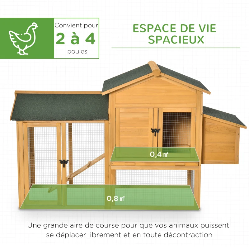 PawHut Poulailler en bois avec porte grillagée, plateau amovible, nichoir, rampe pour 2 à 4 poules 168 x 75 x 103 cm