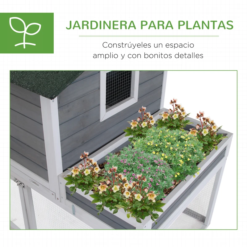 PawHut Gallinero Exterior de Madera Recinto con Nido y Corral Bandeja Extraíble Ventana de Malla Rampa Área de Cultivo 160x80x110 cm Gris y Blanco