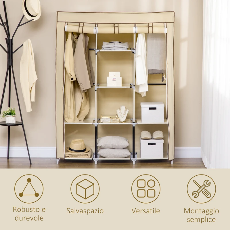 HOMCOM Armadio in Tessuto con 8 Ripiani e 2 Barre con Porta Avvolgibile, 125x46x162.5cm, Beige