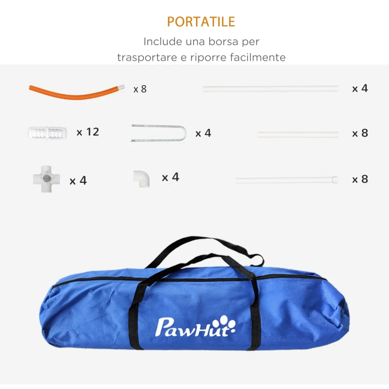PawHut Set Agility Dog 4 Pezzi con 4 Picchetti e Borsa da Trasporto, in PE e ABS, 89x69x99 cm, Bianco e Arancione