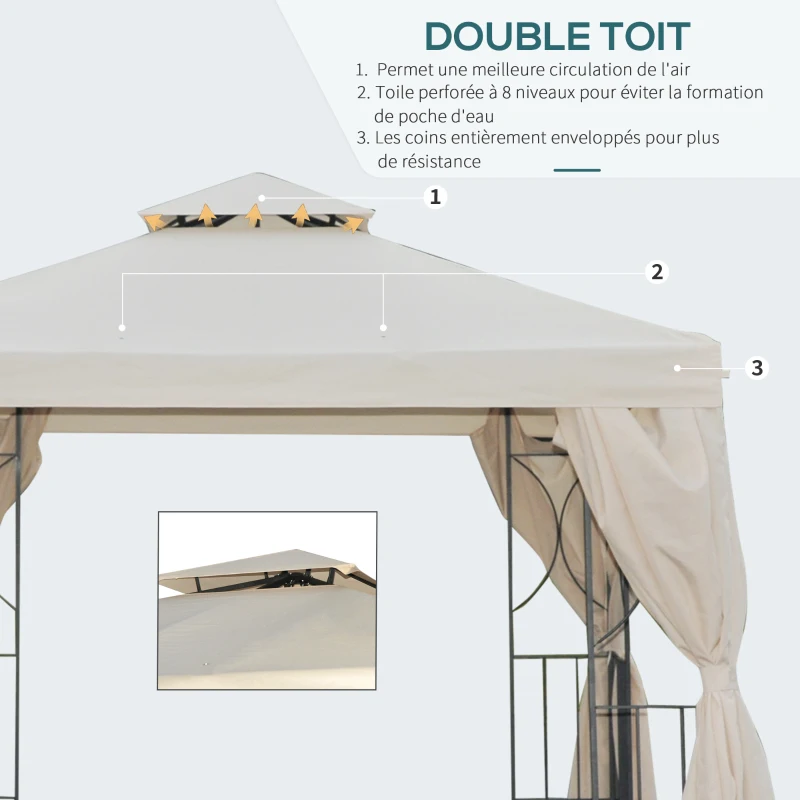 Outsunny Tonnlle de jardin barnum pavillon de jardin 3 x 3 double toit avec moustiquaires amovibles imperméable beige noir