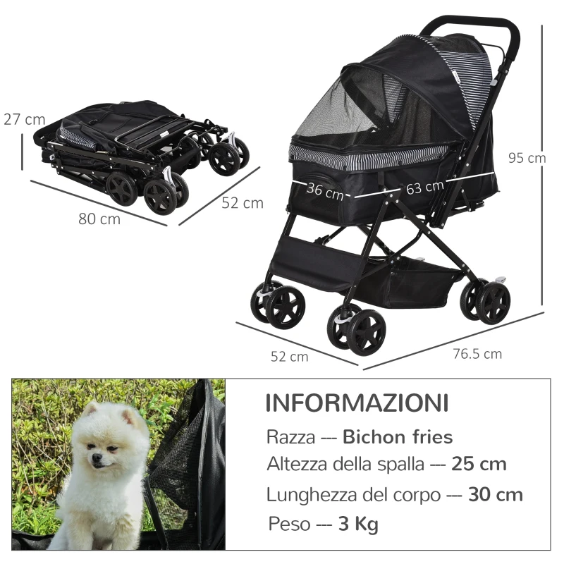 PawHut Passeggino per Cani Piccoli Pieghevole con Maniglione Girevole e Cestino Portaoggetti, Nero
