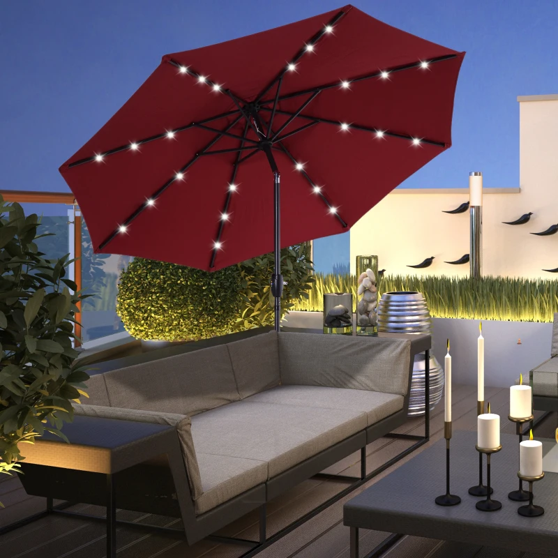 Outsunny Φ2.7m Garden 24 LED Light Parasol Solar Outdoor Tilt Sun Umbrella Patio Club Party Event Manual Sun Shade w/ Hand Crank and 8 Ribs, Red
