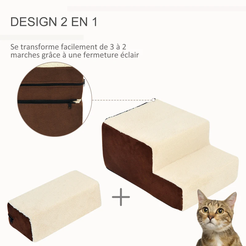 PawHut Escalier pour chien animaux rampe pour canapé 2/3 marches déhoussable dim. 54L x 40l x 39H cm mousse haute densité tissu peluche courte chocolat crème