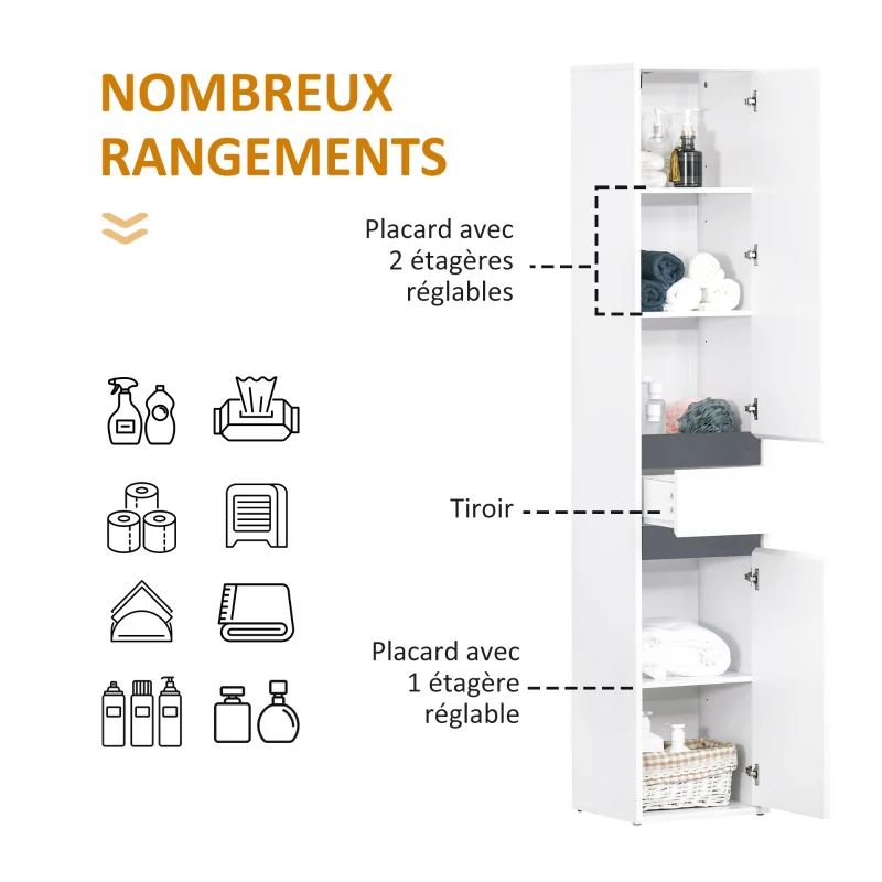 HOMCOM Meuble Colonne Rangement Salle de Bain Style Contemporain 2 placards 3 étagères et tiroir Coulissant Panneaux Particules Blanc