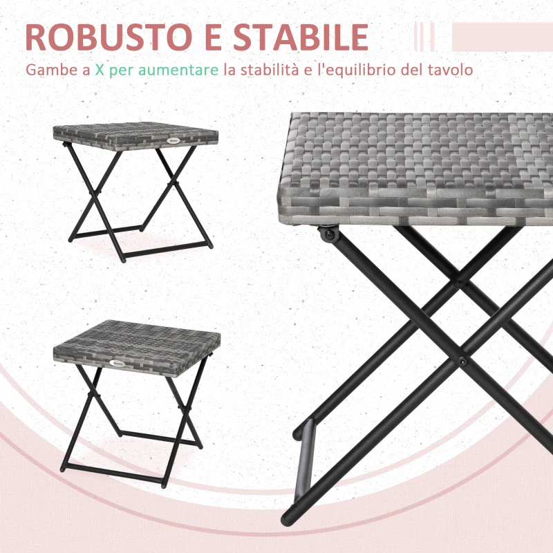 Outsunny Tavolino da Giardino Pieghevole Salvaspazio in Rattan Sintetico e Acciaio, 40x40x40cm, Grigio