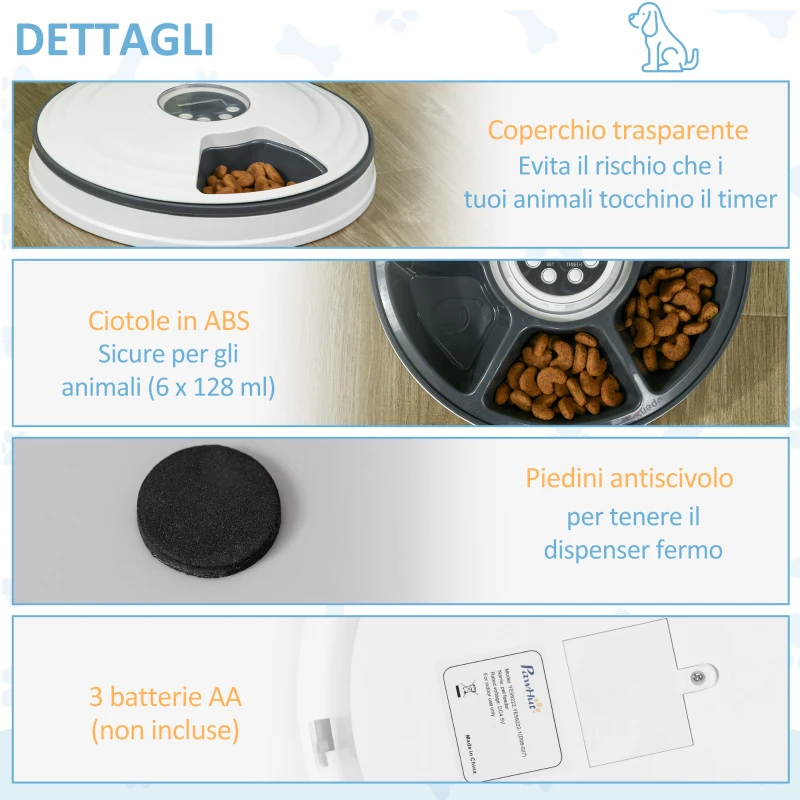 PawHut Distributore Automatico Cibo Cani e Gatti, 6 Pasti Ciotole con Timer e Display LED a Batterie, Dispenser Cibo per Piccoli Animali con Musica