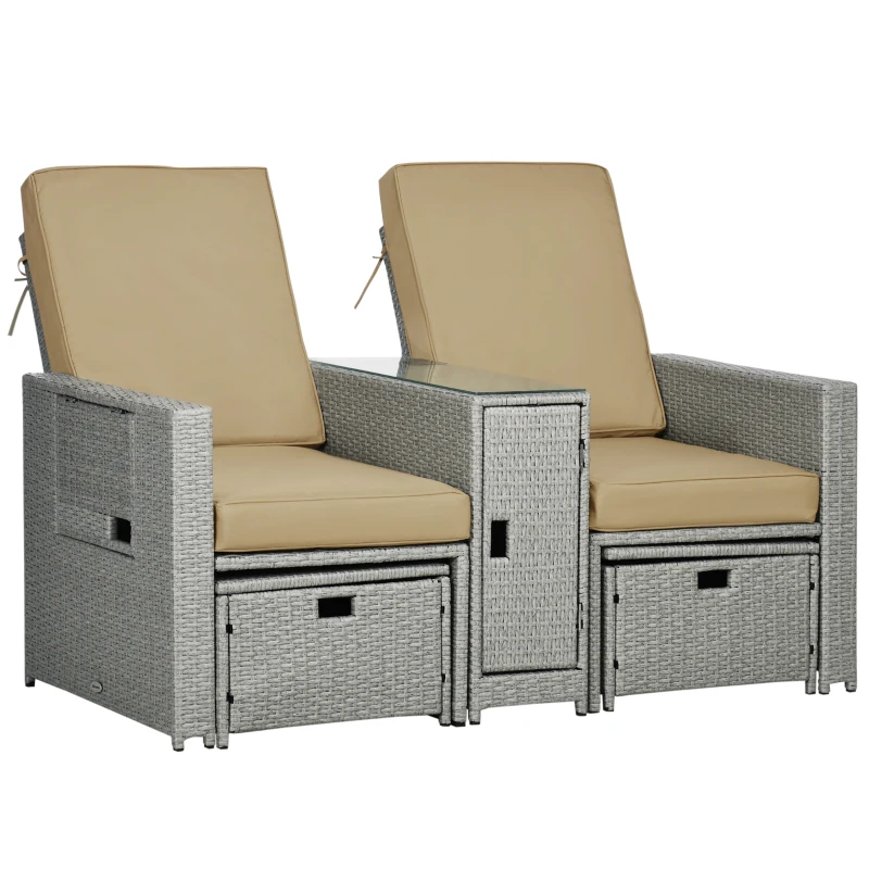Outsunny 5PC PE Rattan Sun Lounger, Outdoor Wicker 5-level Adjustable Recliner Sofa Bed with Storage Side Table and Footstools, for Patio, Garden, Poolside, Beige