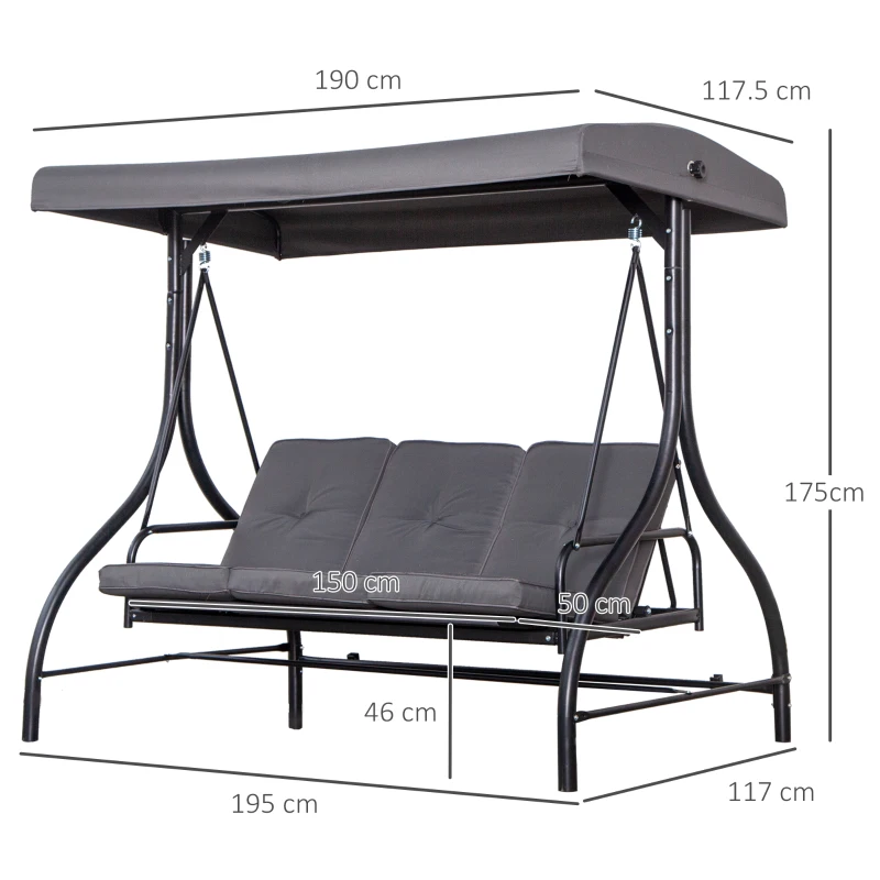 Outsunny Outusunny Dondolo Letto da Giardino 3 Posti con Tettuccio Regolabile, Metallo e Poliestere, Grigio