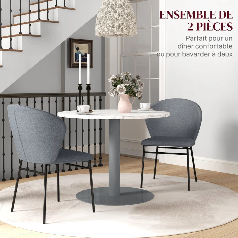 HOMCOM Lot de 2 chaises de salle à manger assise rembourrée en tissu aspect lin pieds en acier stable design moderne gris