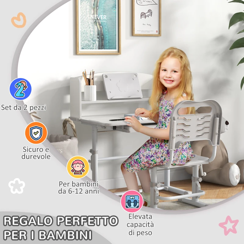 ZONEKIZ Set Scrivania per Bambini con Sedia Regolabile in Altezza e Piano Inclinabile, Età 6-12 Anni, Grigio