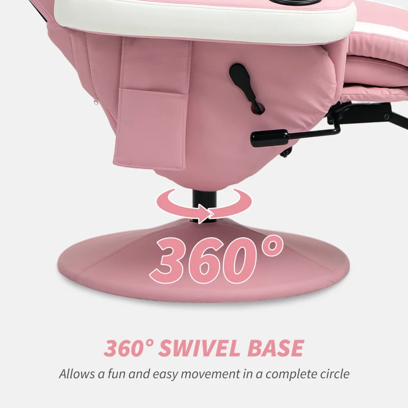 HOMCOM Manual Recliner Armchair PU Leather Lounge Chair w Adjustable Leg Rest, 135° Reclining Function, 360° Swivel, Pink