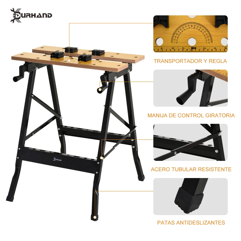 DURHAND Banco de Trabajo Plegable Mesa de Trabajo Portátil con 4 Abrazaderas Agujeros para Sierra Uso Doméstico Carpintería Hierro MDF Soporta 70 kg 56x62x75 cm Natural Negro