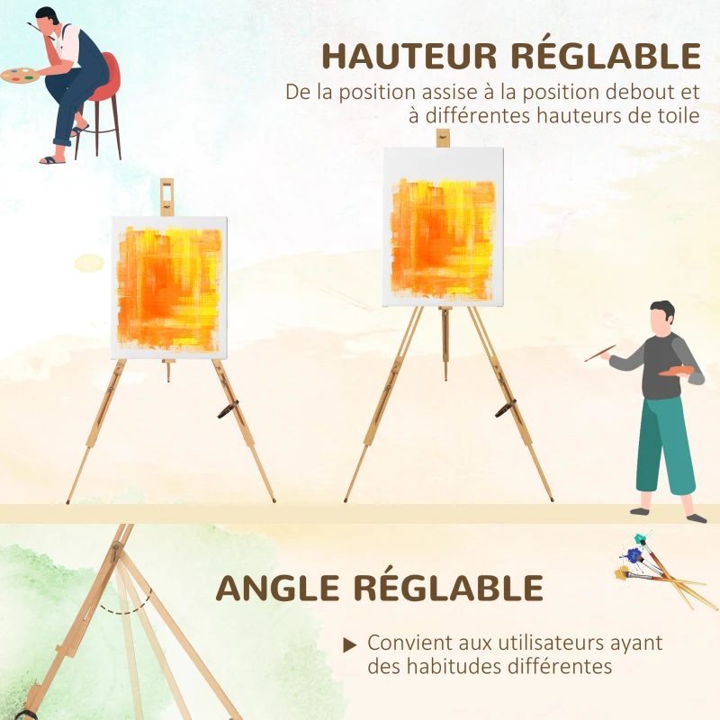 Vinsetto Chevalet d'artiste en bois sur pieds pliable portable supporte des toiles jusqu'à 66/107 cm bois naturel
