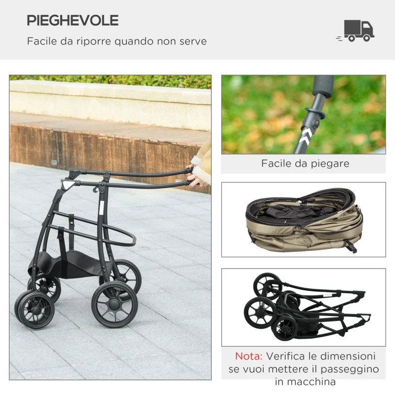 PawHut Passeggino per Cani Taglia Piccola con Tettuccio Regolabile e 2 Guinzagli, 81x68x98.5 cm, Nero e Khaki