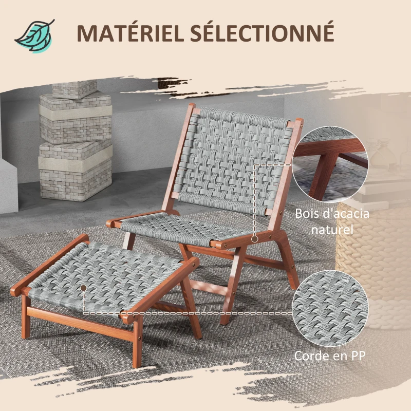 Outsunny Fauteuil de jardin avec repose-pieds - chaise relax en bois d'acacia et corde résine tressée - naturel, gris