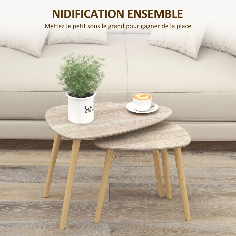 HOMCOM Lot de 2 tables basses gigognes design scandinave pieds en bois et plateau en bois, aspect naturel