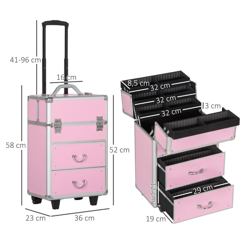 HOMCOM Valise trolley maquillage mallette cosmétique vanity poignée télescopique réglable 36L x 23l x 58H cm alu ABS rose