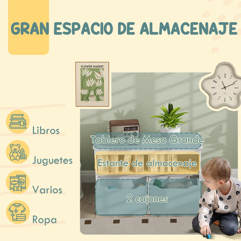 AIYAPLAY Estantería para Juguetes Infantil con 2 Cajones y Compartimento para Salón Dormitorio Sala de Juegos 80x30x45 cm Blanco