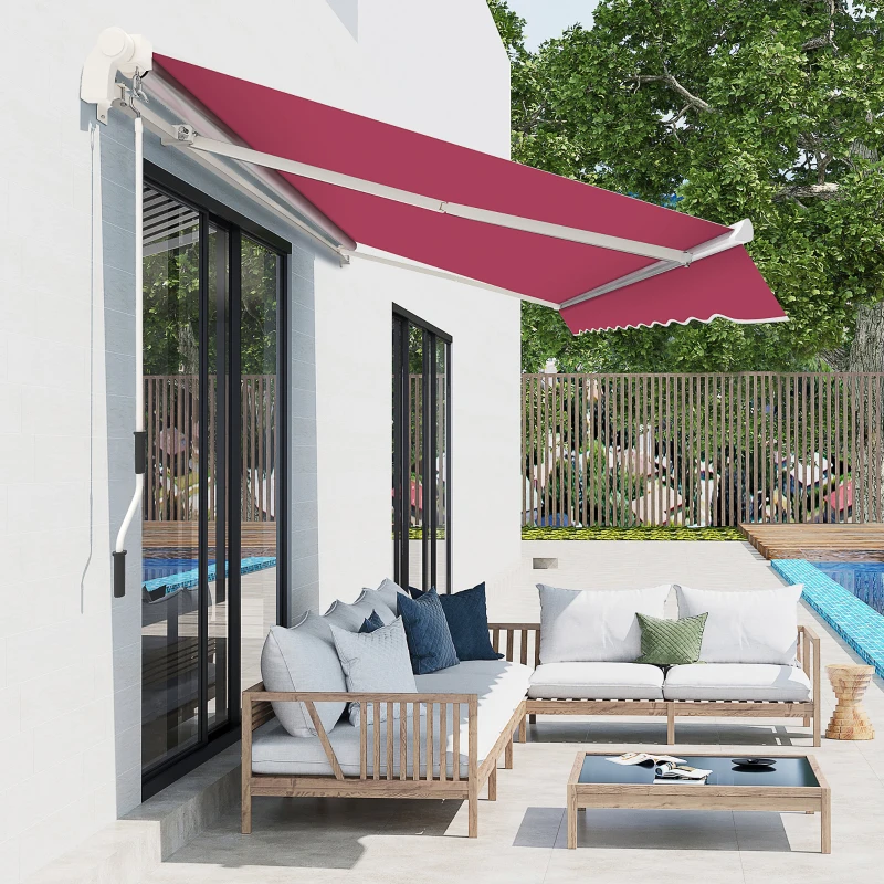 Outsunny Store banne manuel rétractable 395 x 245 cm store exterieur terrasse avec manivelle, angle réglable 45°-85°, aluminium et polyester 280 g/m², protection UV, auvent de terrasse, bordeaux