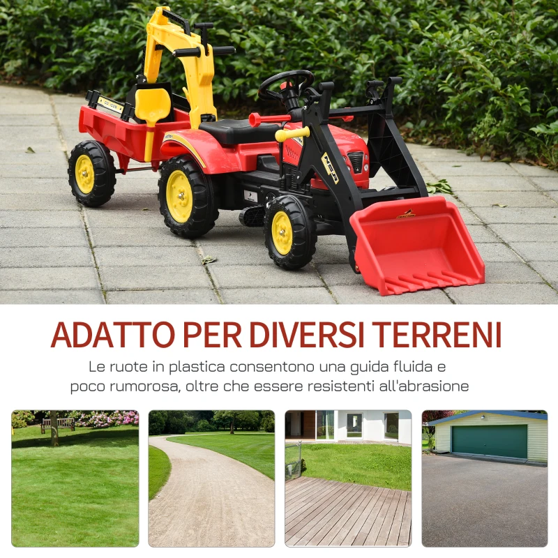 HOMCOM Ruspa Giocattolo a Pedali, Escavatore Cavalcabile per Bambini con Pale e Volante, 179x42x59cm Multicolore