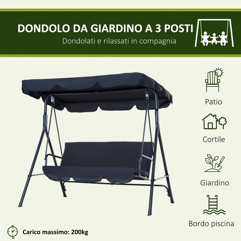 Outsunny Dondolo da Giardino 3 Posti con Tetto Parasole Regolabile e Struttura in Acciaio, 172x110x153cm, Nero