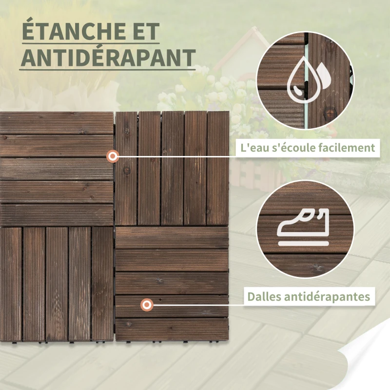 Outsunny Dalles terrasse - caillebotis - Lot de 27 pcs, Surface Max. 2,5 m²- emboîtables, Installation très Simple - Carreaux Bois Sapin teinté Noir