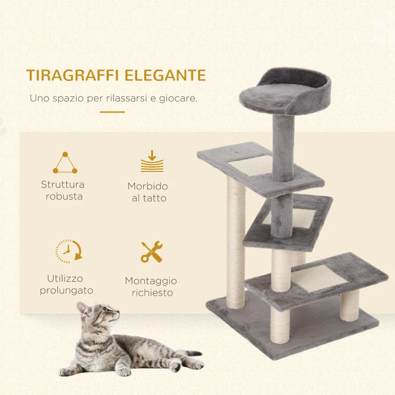 PawHut Tiragraffi per Gatti da 100cm con Lettino Rotondo, Pali in Sisal e Rivestimento in Peluche, Grigio