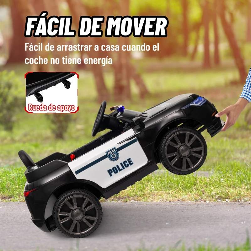 AIYAPLAY Coche Eléctrico Infantil de Policía con Batería 12V Mando a Distancia Faros Bocina Sirena Música Negro
